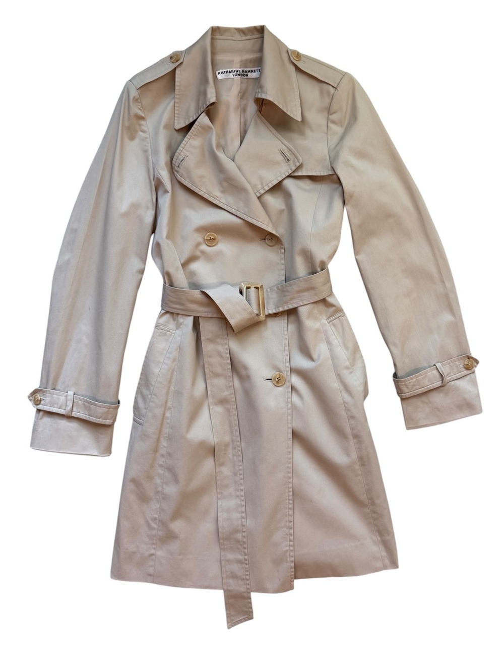 Vintage KATHERINE HAMNETT LONDON Khaki Tan Belted Trench Coat Double Breasted S